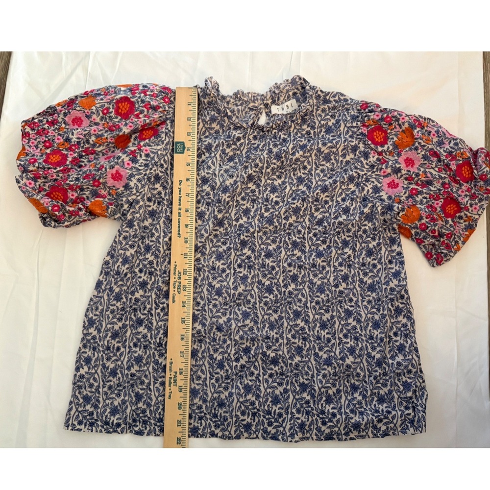 THML Floral Puff Sleeve Ruffle Neck Blouse Blue Pink Orange Size Medium - Picture 5 of 5